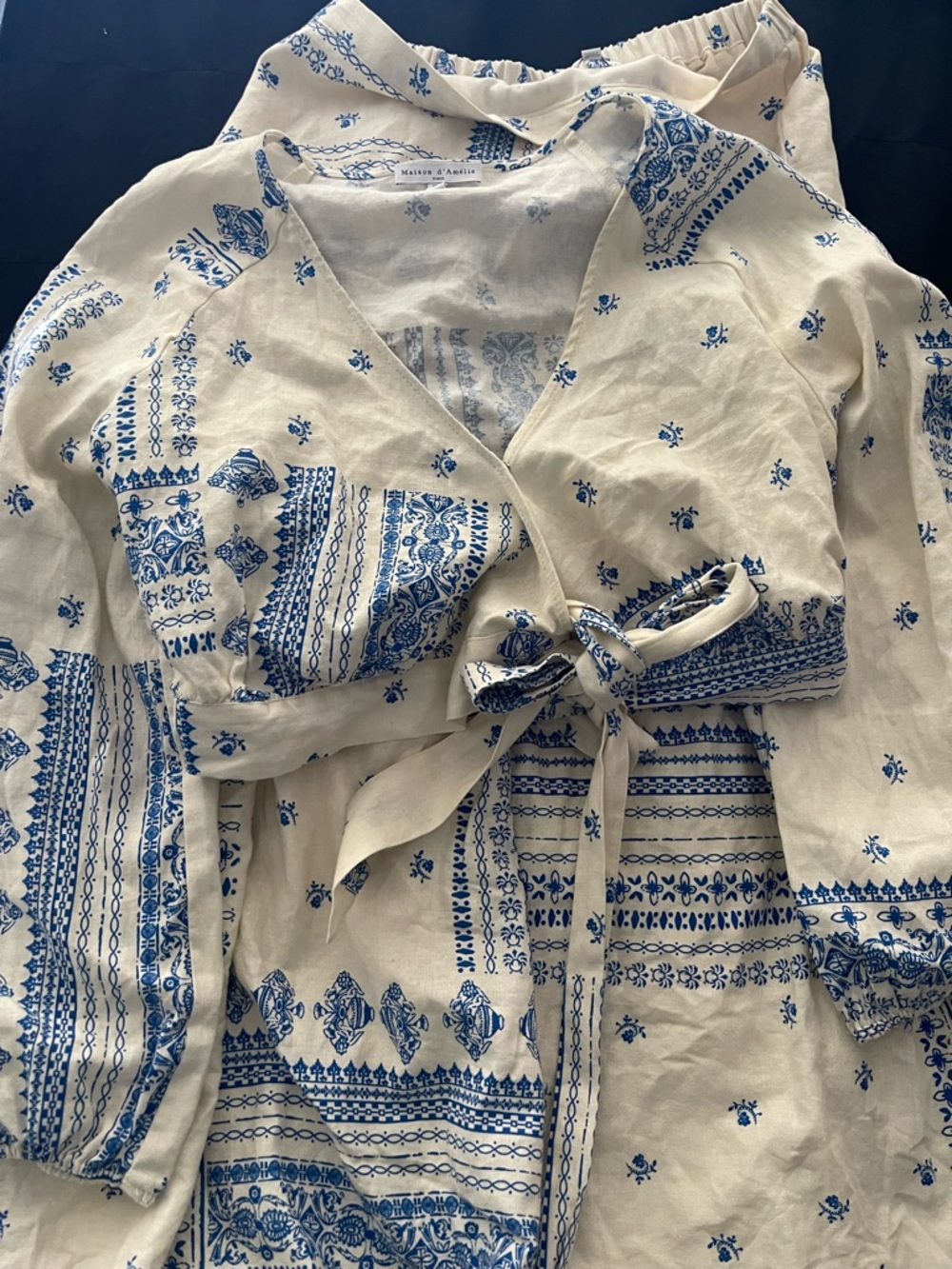 Blue & White Printed Wrap Top